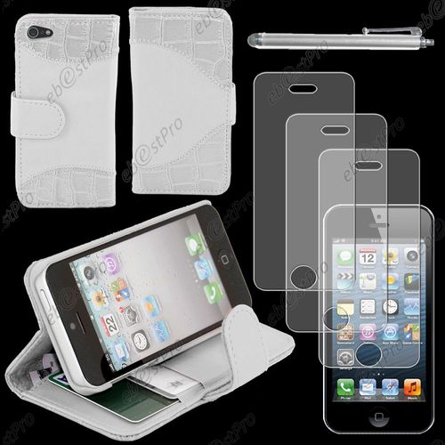 Ebeststar ® Etui Housse Coque Portefeuille Simili Cuir Simulation Crocodile Pour Apple Iphone 5s, 5, Couleur Blanc + Stylet 3 Film