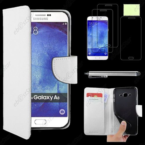 Ebeststar ® Housse Coque Etui Portefeuille Support Folio Simi Cuir Pour Samsung Galaxy A8 Sm-A800f, Couleur Blanc + Stylet 3 Film