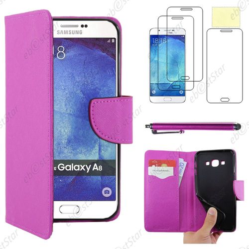 Ebeststar ® Housse Coque Etui Portefeuille Support Folio Simi Cuir Pour Samsung Galaxy A8 Sm-A800f, Couleur Violet + Stylet 3 Film