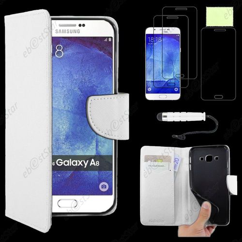 Ebeststar ® Housse Coque Etui Portefeuille Support Folio Simi Cuir Pour Samsung Galaxy A8 Sm-A800f, Couleur Blanc + Mini Stylet 3 Film