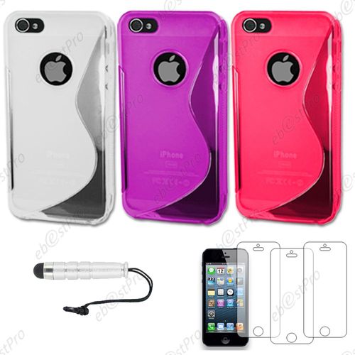 Ebeststar ® Lot X3 Housse Etui Coque Silicone Gel Motif S-Line Protection Souple Pour Apple Iphone 5s, 5, Couleur Transparent, Violet, Rose + Mini Stylet 3 Film
