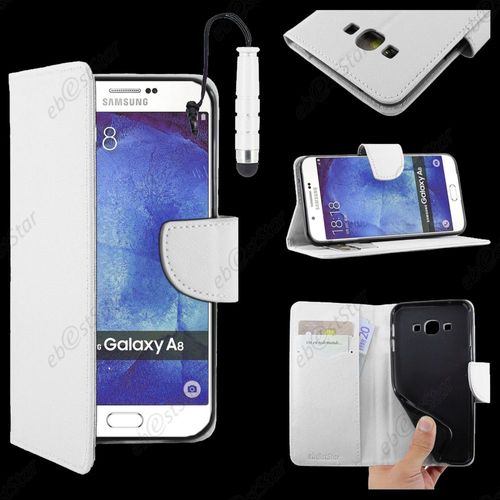 Ebeststar ® Housse Coque Etui Portefeuille Support Folio Simi Cuir Pour Samsung Galaxy A8 Sm-A800f, Couleur Blanc + Mini Stylet + 1 Film Protection D'écran + Lingette