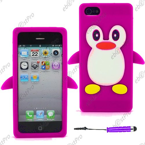 Ebeststar ® Etui Housse Coque Pingouin Silicone Souple Design Fun Pour Apple Iphone 5s, 5, Couleur Violet + Mini Stylet + 1 Film Protection D'écran + Lingette