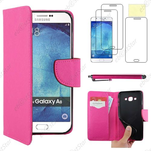Ebeststar ® Housse Coque Etui Portefeuille Support Folio Simi Cuir Pour Samsung Galaxy A8 Sm-A800f, Couleur Rose + Stylet 3 Film
