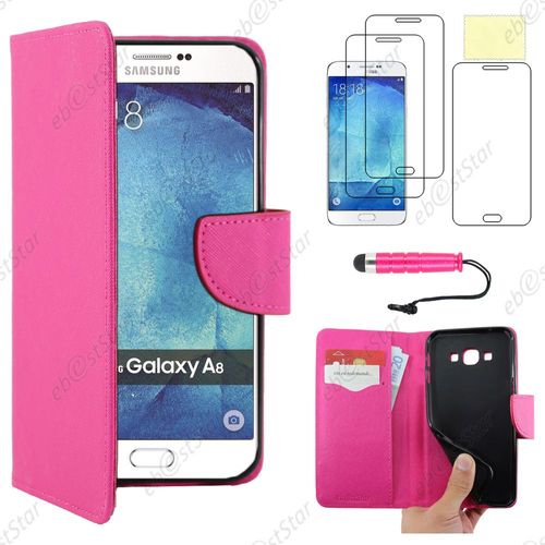 Ebeststar ® Housse Coque Etui Portefeuille Support Folio Simi Cuir Pour Samsung Galaxy A8 Sm-A800f, Couleur Rose + Mini Stylet 3 Film