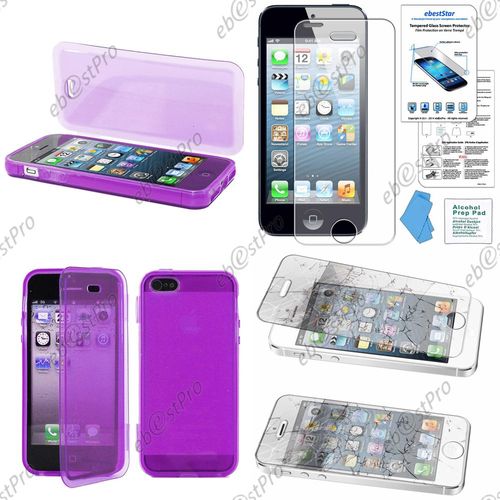 Ebeststar® Film Verre Trempé + Etui Portefeuille Rabattable Livre Housse Coque Silicone Gel Pour Apple Iphone 5s, 5, Couleur Violet