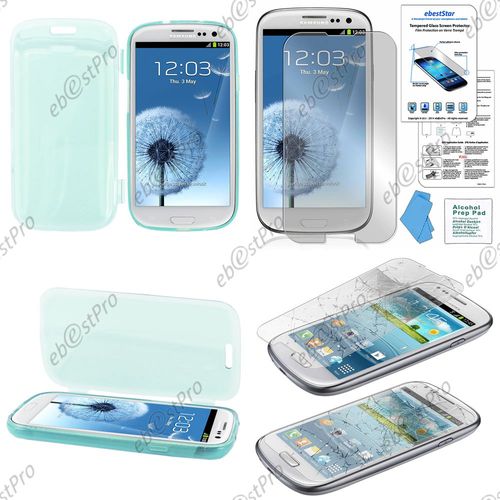 Ebeststar® Film Verre Trempé + Etui Portefeuille Rabattable Livre Housse Coque Silicone Gel Pour Samsung Galaxy S3 I9300 I9305, Couleur Bleu