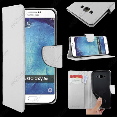 Ebeststar ® Housse Coque Etui Portefeuille Support Folio Simi Cuir Pour Samsung Galaxy A8 Sm-A800f, Couleur Blanc + 1 Film Protection D'écran + Lingette