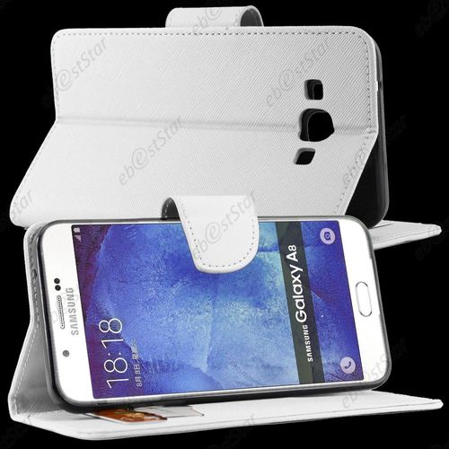 Ebeststar ® Pour Samsung Galaxy A8 Sm-A800f Etui Portefeuille Housse Coque Protection Folio Book Livre, Couleur Blanc + 1 Film Protection D'écran + Lingette