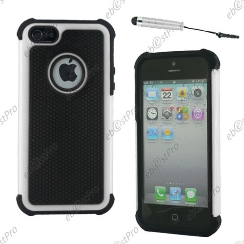 Ebeststar ® Coque Duo Bi-Couches En Silicone Et Polycarbonate Etui Housse Pour Apple Iphone 5s, 5, Couleur Blanc + Mini Stylet + 1 Film Protection D'écran + Lingette