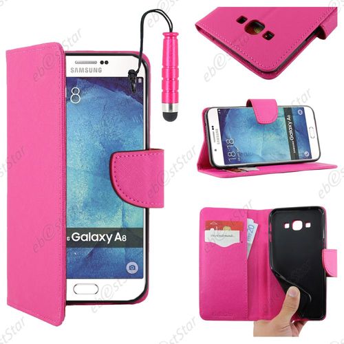 Ebeststar ® Housse Coque Etui Portefeuille Support Folio Simi Cuir Pour Samsung Galaxy A8 Sm-A800f, Couleur Rose + Mini Stylet + 1 Film Protection D'écran + Lingette