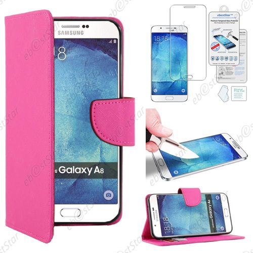 Ebeststar® Film Verre Trempé + Housse Portefeuille Coque Etui Protection Folio Pour Samsung Galaxy A8 Sm-A800f, Couleur Rose