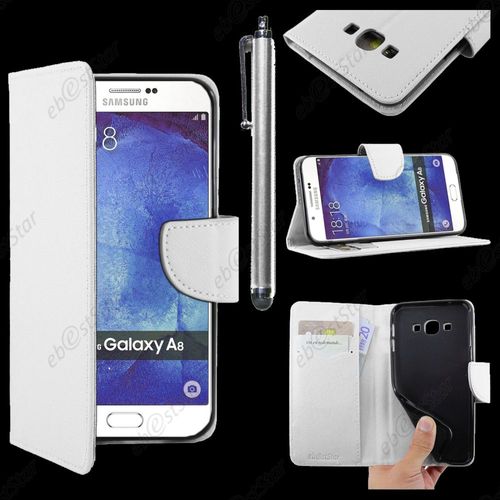 Ebeststar ® Housse Coque Etui Portefeuille Support Folio Simi Cuir Pour Samsung Galaxy A8 Sm-A800f, Couleur Blanc + Stylet + 1 Film Protection D'écran + Lingette