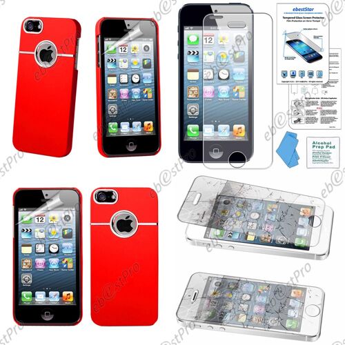 Ebeststar® Film Verre Trempé + Coque Rigide Etui Housse Chromée Pour Apple Iphone 5s, 5, Couleur Rouge