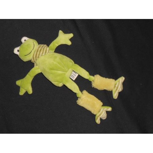Doudou Peluche Grenouille Verte - Foulard Rayé - Longue Jambe  - H 30 Cm - Les Petites Marie 