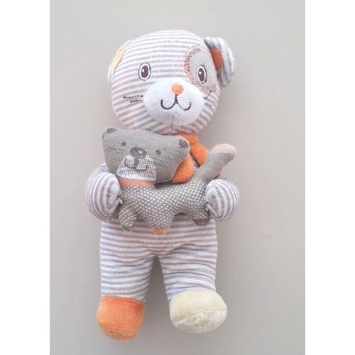 Doudou Ours Rayé Beige Blanc Avec Petit Chat Pommette
