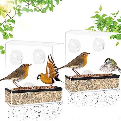 Mangeoire À Oiseaux Pour Fenêtres, 2 Pcs Acrylique Mangeoire Oiseaux Extérieur Fenêtre Avec 6 Ventouses, Transparent Avec Bac À Amovible Mangeoire À Oiseaux Pour Moineaux, Oiseaux Sauvages