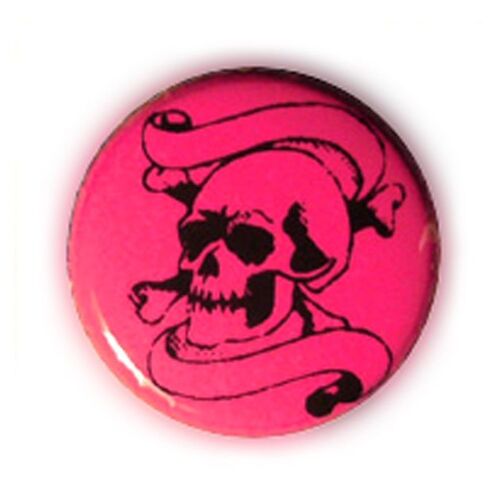 Badge Tete De Mort Tattoo Noir Fond Rose Skull Punk Goth Rockabilly Ø25mm