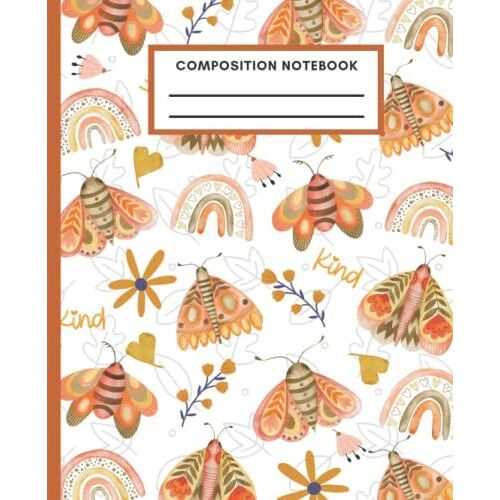 Composition Notebook: Wide Ruled Line Boho Vintage Insects, Butterfly And Moth, Rainbow Flower, Leaf For Boys Girls Kids Teens Students College Writing Notes