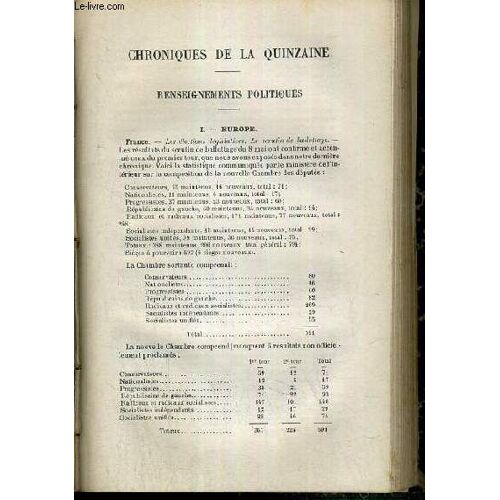 Chroniques De La Quizaine, Renseignements Politiques, Europe, France, Autriche-Hongrie, Espagne, Italie, Russie, Turquie, Indo-Chine, Chine, Algerie, Tunisie, Egypte, Rep. Argentine, Bresil ...