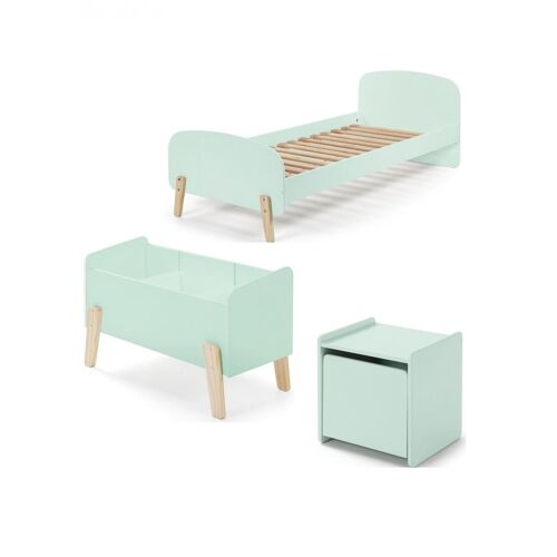Vipack Kiddy Menthe Lit Simple En Bois Laqu Et Brut Et Sommier + Chevet 1 Porte + Coffre Jouets