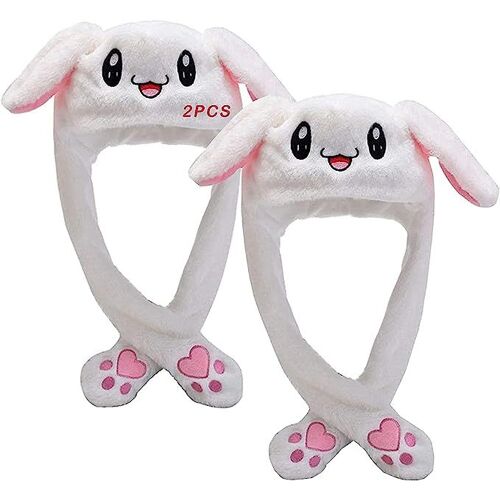 2pcs Chapeau De Lapin Mignon Avec Des Oreilles Mobiles Chapeau De Lapin Drôle Chapeau D'animal Sautant Doux Fête Des Enfants Des Femmes Cadeau De Noël Blanc