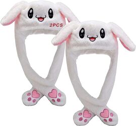2pcs Chapeau De Lapin Mignon Avec Des Oreilles Mobiles Chapeau De Lapin Drôle Chapeau D'animal Sautant Doux Fête Des Enfants Des Femmes Cadeau De Noël Blanc