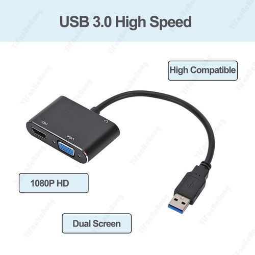 Convertisseur adaptateur USB 3.0 compatible HDMI,câble VGA,DVI 1080P,HD pour ordinateur portable,moniteur TV,écran de tourisme - Type Black