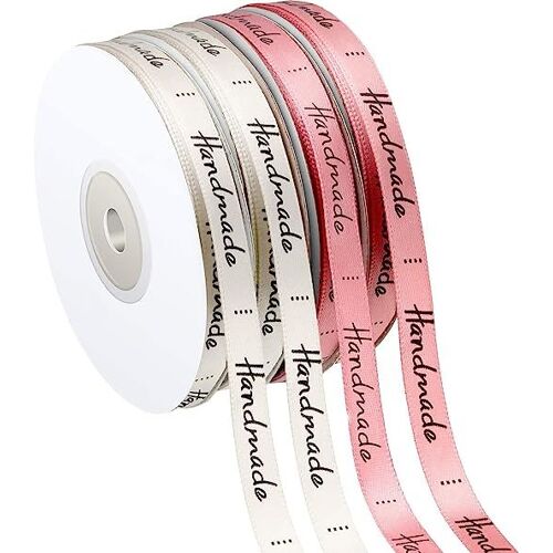 4 Rouleaux De Rubans De Satin Décoratifs, Rubans De Polyester Imprimés À La Main, Utilisés Pour Les Emballages Cadeaux, Rose Et Beige, Chaque Rouleau Mesure 22 M De Long