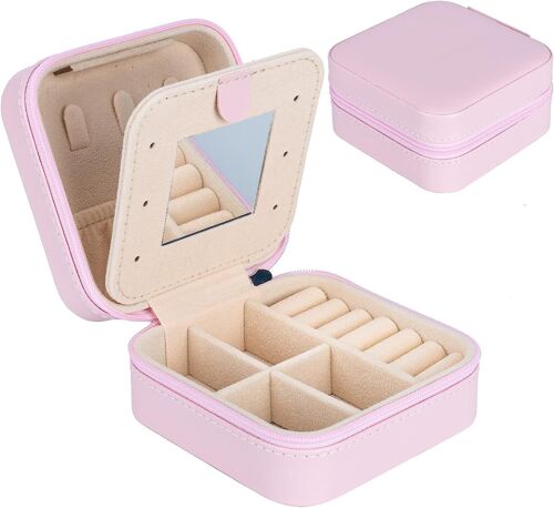 Mini boîte à bijoux portable (rose) - Boîte à bijoux de voyage en cuir double couche avec miroir - Pour bagues, boucles d'oreilles, colliers, bracelets, bijoux - Boîte cadeau pour filles et femmes