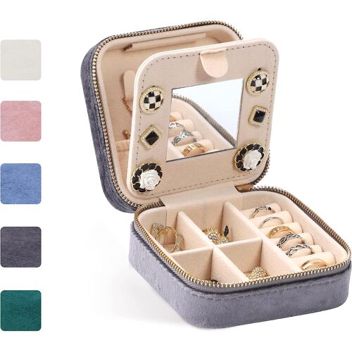 Mini boîte (Gris) à bijoux de voyage en velours avec miroir pour boucles d'oreilles, bracelets, bagues, colliers