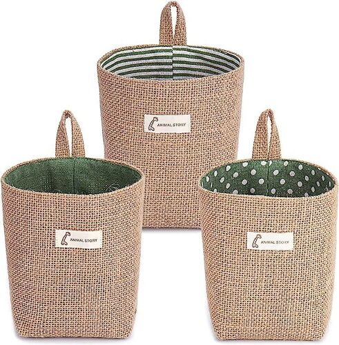 Panier de Rangement Coton et Lin, 3pcs Boîte de Rangement Pliable en Lin, Sac de Rangement Suspendu, pour Jouets, Maquillage, Petites Affaires, Clés, Papier Toilette, Plantes en pot