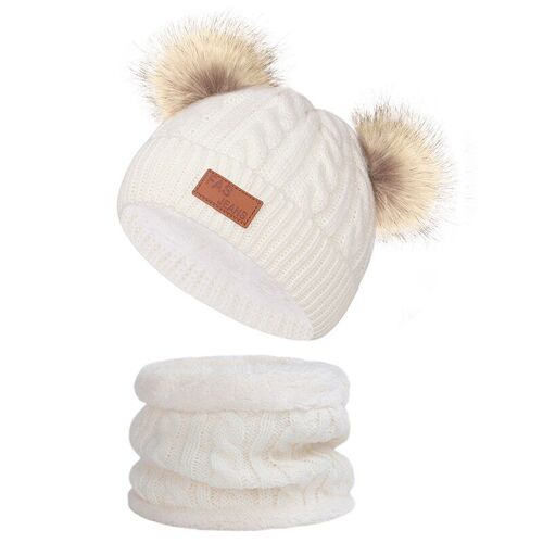 Bonnet En Velours Et Coton Pour Enfants, 2 Pièces, Bonnet, Écharpe, Pompon, Bavoir, Bonnet Tricoté, Design D'étiquette En Cuir