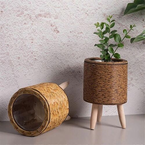 Vintage imitation rotin tissé fleur étagère jardinières panier de rangement fait à la main avec des jambes en bois plante