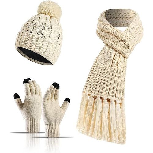 Ensemble De Gants À Écran Tactile Bonnet Coloré Avec Pompon Pour Femme