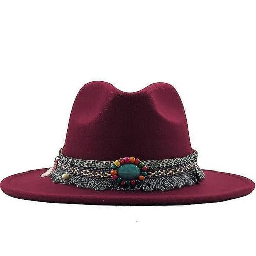 Evago Nouveaux Hommes Femmes Large Bord Laine Feutre Fedora Panama Chapeau Avec Boucle De Ceinture Jazz Trilby Cap Soirée Formel Top Hat En Rose, Noir X Xl-Du Vin-Adulte-56-58cm-Femelle