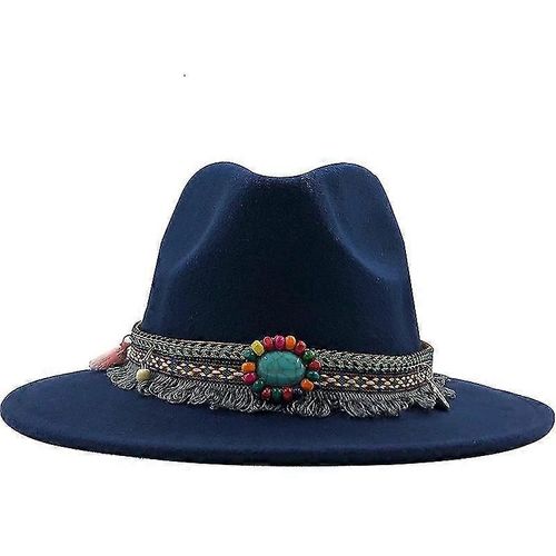 Evago Nouveaux Hommes Femmes Large Bord Laine Feutre Fedora Panama Chapeau Avec Boucle De Ceinture Jazz Trilby Cap Soirée Formel Top Hat En Rose, Noir X Xl-Marine-Adulte-56-58cm-Femelle