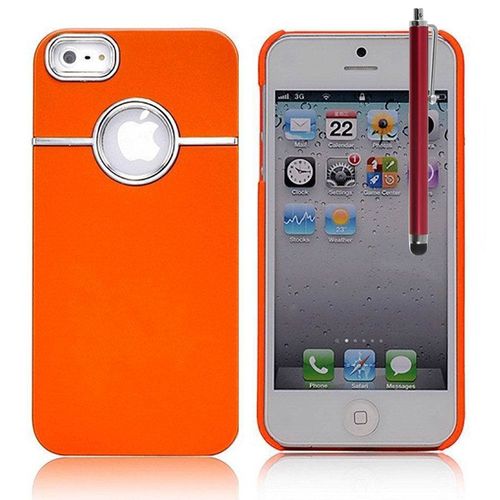 Apple Iphone 5/ 5s Etui Housse Coque Rigide Silver-Line Chromé + Stylet - Orange