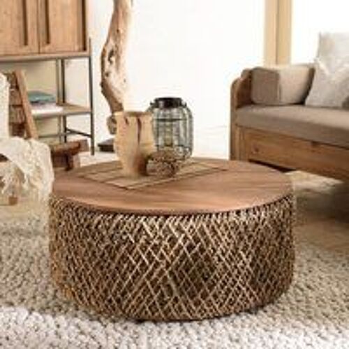 Table Basse Ronde 85x85cm En Tissage De Fibre De Cocotier