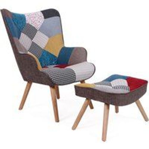Fauteuil Scandinave Et Pouf Tissu Patchwork Coro