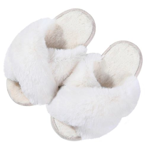 Chaussons D'hiver Chauds Et Doux Pour Enfants, En Peluche, Antidérapants, À Bande Croisée, À Enfiler, À Bout Ouvert, Confortables, Blancs-Adulte-30 7,2-7,4 Pouces-Unisexe