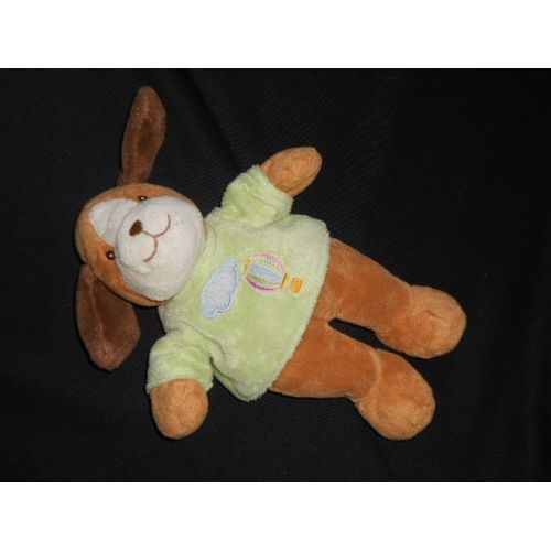 Doudou peluche Chien - tee shirt Vert - marron - motif brodé Montgolfière - Nuage blanc - 25 cm Gipsy