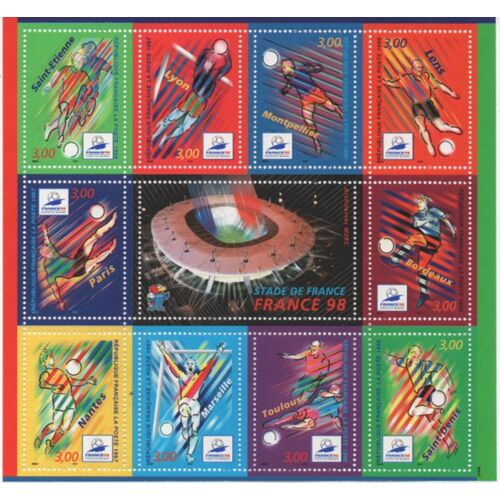 France 1998: Feuillet N° 3140 Comprenant 10 Timbres  Et Avec Au Centre Une Vignette Représentant Le Stade De France.