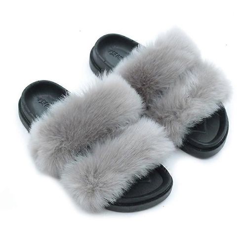 Evago Pantoufles Moelleuses En Fausse Fourrure Pour Femmes Bout Ouvert Confortables Deux Bandes Claquettes Avec Semelle En Pvc-30-Adulte-Taille 38-39-Femme
