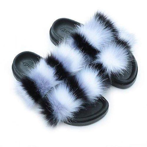Evago Pantoufles Moelleuses En Fausse Fourrure Pour Femmes Bout Ouvert Confortables Deux Bandes Claquettes Avec Semelle En Pvc-37-Adulte-Taille 36-37-Femme