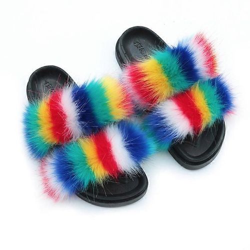 Evago Pantoufles Moelleuses En Fausse Fourrure Pour Femmes Bout Ouvert Confortables Deux Bandes Claquettes Avec Semelle En Pvc-36-Adulte-Taille 38-39-Femme