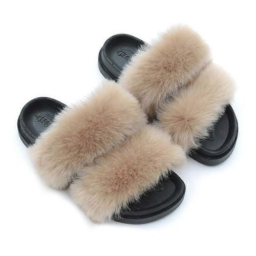 Evago Pantoufles Moelleuses En Fausse Fourrure Pour Femmes Bout Ouvert Confortables Deux Bandes Claquettes Avec Semelle En Pvc-32-Adulte-Taille 44-45-Femme