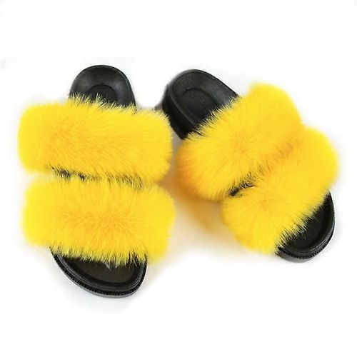 Evago Pantoufles Moelleuses En Fausse Fourrure Pour Femmes Bout Ouvert Confortables Deux Bandes Claquettes Avec Semelle En Pvc-34-Adulte-Taille 38-39-Femme