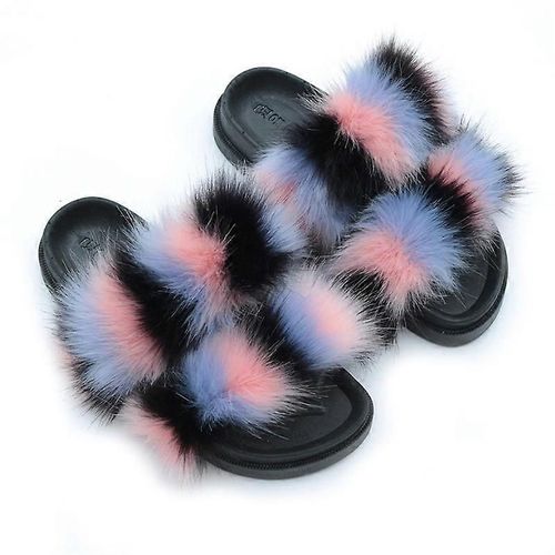 Evago Pantoufles Moelleuses En Fausse Fourrure Pour Femmes Bout Ouvert Confortables Deux Bandes Claquettes Avec Semelle En Pvc-38-Adulte-Taille 42-43-Femme