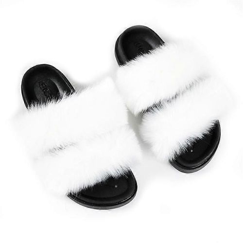 Evago Pantoufles Moelleuses En Fausse Fourrure Pour Femmes Bout Ouvert Confortables Deux Bandes Claquettes Avec Semelle En Pvc-35-Adulte-Taille 36-37-Femme